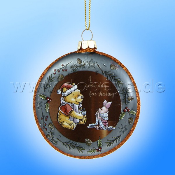 Disney "Pooh & Piglet with Christmas Gift" Glass Disk / Christmas Bauble brown - Kurt S. Adler DN35013