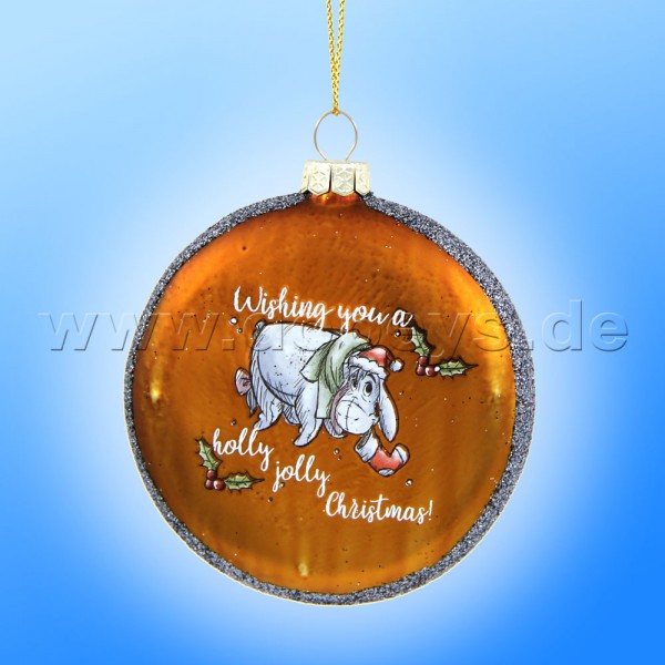 Kurt S. Adler - Disney "I-Aah mit Weihnachtsmütze" Glas Disk Weihnachtsbaumkugel in Diskusform / Glasornament in Anthrazit, 80 mm DN35018