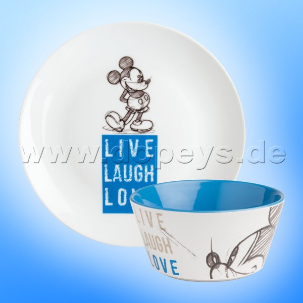 Disney Geschenkset Mickey Frühstücksteller / Dessert-Teller + Müslischale "Blau" Live Laugh Love PWMSETLL-3